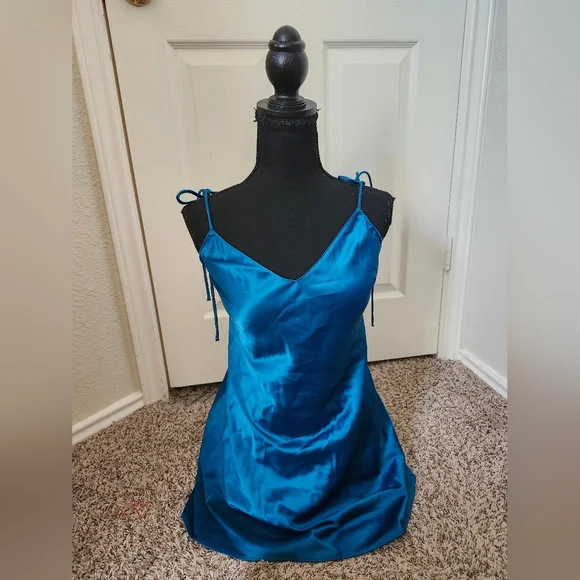 Victoria's Secret Blue Teal Satin Slip Mini Dress Chemise XS - Picture 2 of 11